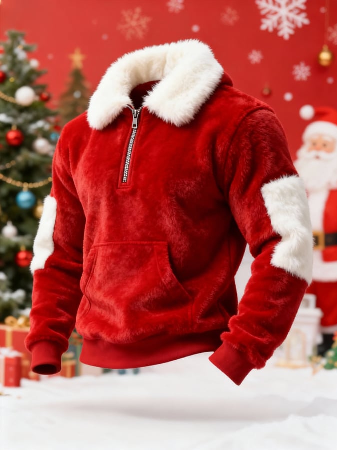 Men's Warm Plush Stitching Contrast Color Christmas Hooded Sweatshirt
