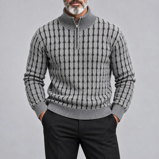 Men's Gray Cable Knit Stand Collar Quarter Zip Casual Pullover Sweater