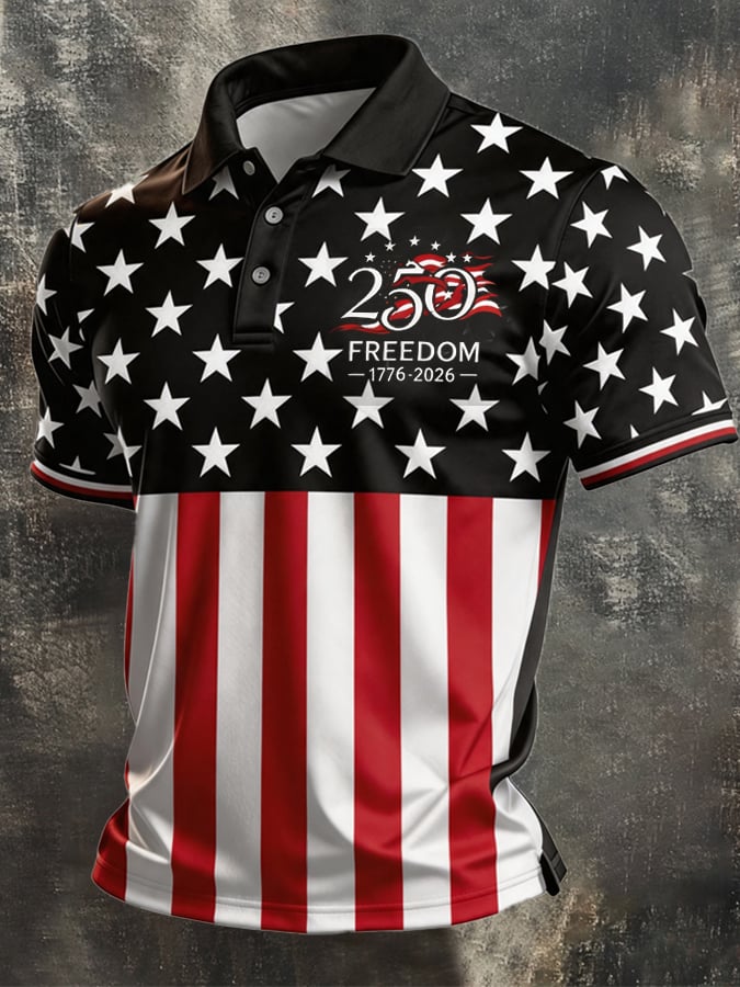Men's Retro Patriotic Color-Block Short-Sleeve Polo Shirt