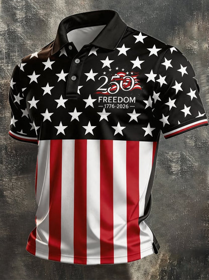 Men's Retro Patriotic Color-Block Short-Sleeve Polo Shirt