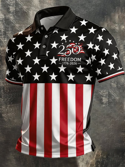 Men's Retro Patriotic Color-Block Short-Sleeve Polo Shirt