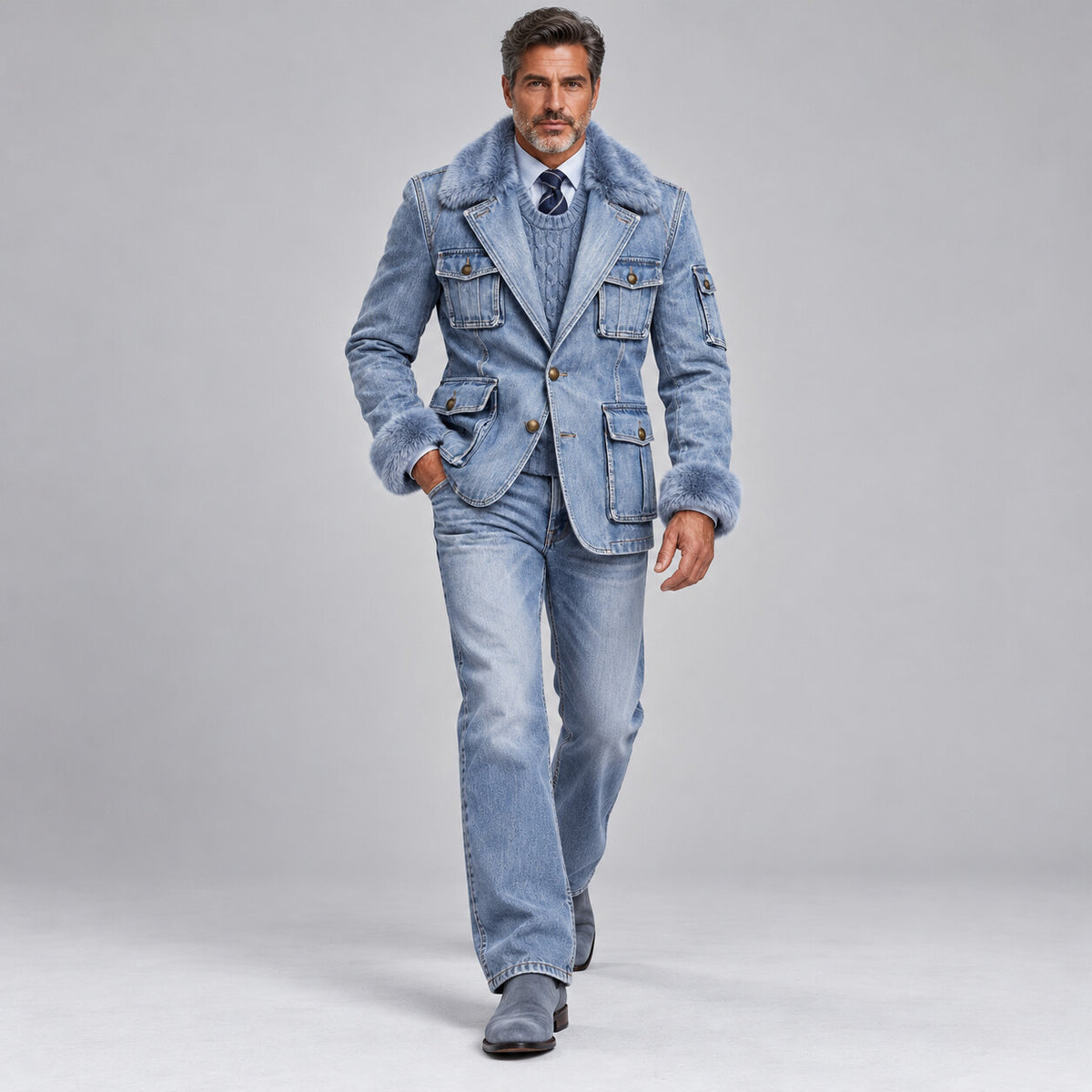 Men's Chic Light Blue Denim Contrast Fluffy Collar Gold Buttons Multi-Pockets Blazer