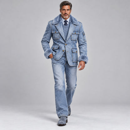 Men's Chic Light Blue Denim Contrast Fluffy Collar Gold Buttons Multi-Pockets Blazer