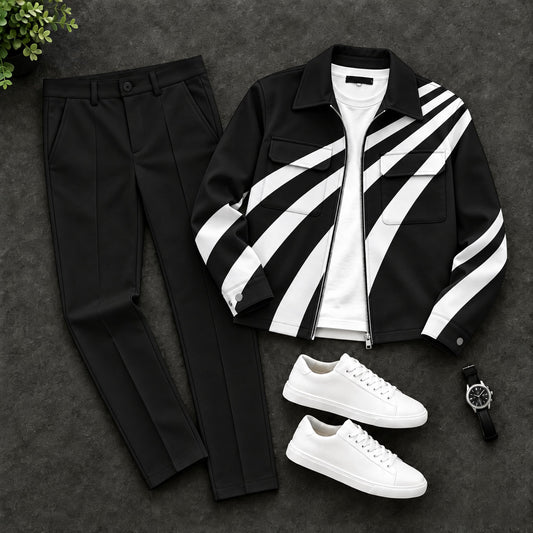 Men's Black and White Zipper Cardigan and Pants Two-Piece Set