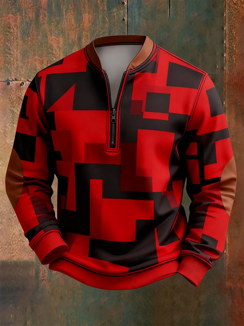 Men's Retro Bauhaus Geometric Style Print Quarter Zip Sweatshirt