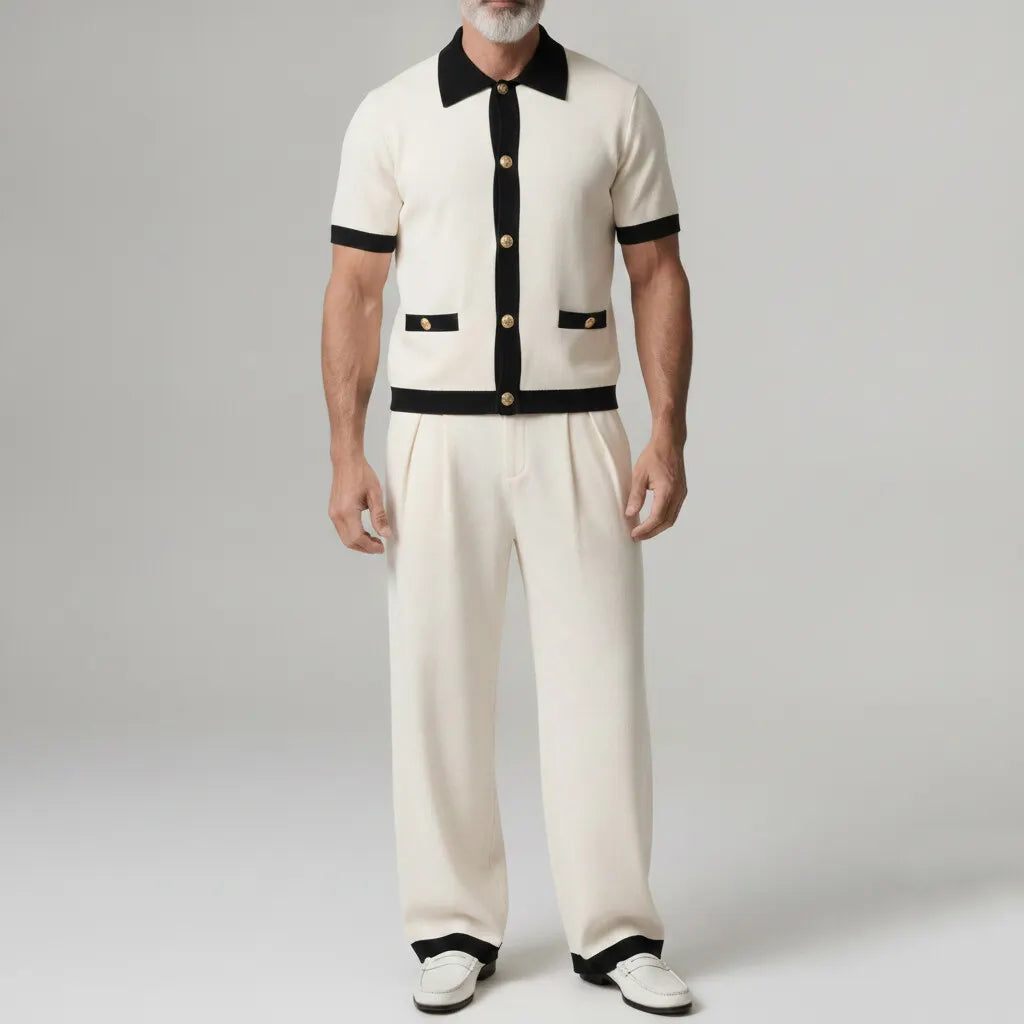Men's Beige Contrast Binding Single Breasted Short Sleeve Shirt & Pants 2Pcs Set