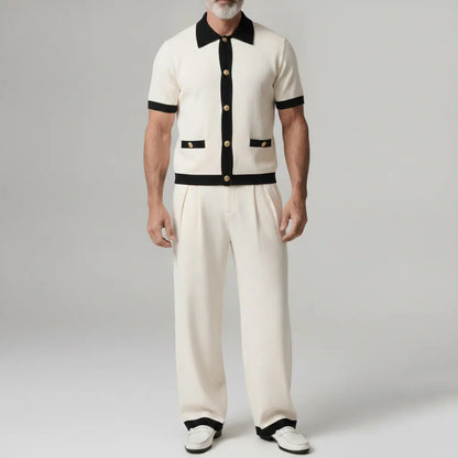 Men's Beige Contrast Binding Single Breasted Short Sleeve Shirt & Pants 2Pcs Set