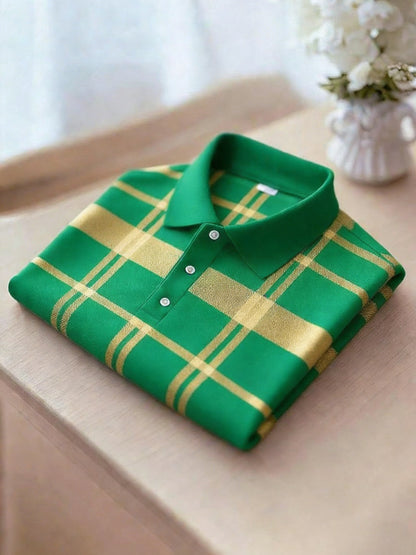 Men's Business Casual Black and Yellow Plaid Logo Button Short Sleeve Polo Shirt