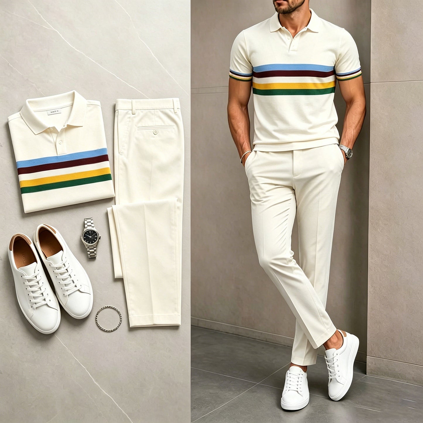 Men's Casual White Geometry Printed Polo Shirt And Pants Two-Piece Set