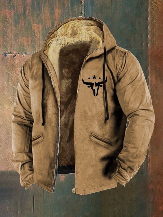Men's Western Cow Head Print Hooded Zipper Sweatshirt Jacket