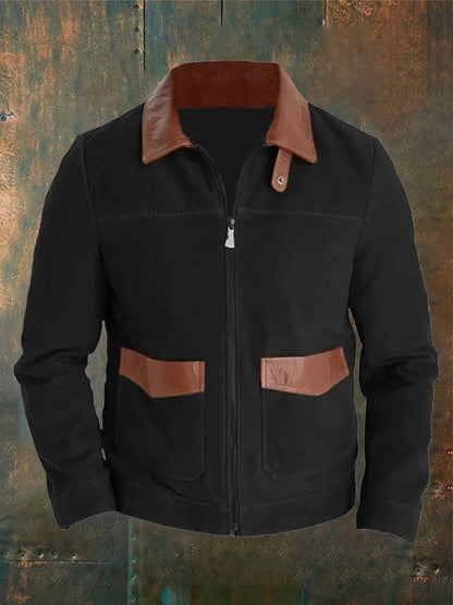 Men's Vintage Western Suede Contrast Panel Multi-Pocket Lapel Jacket