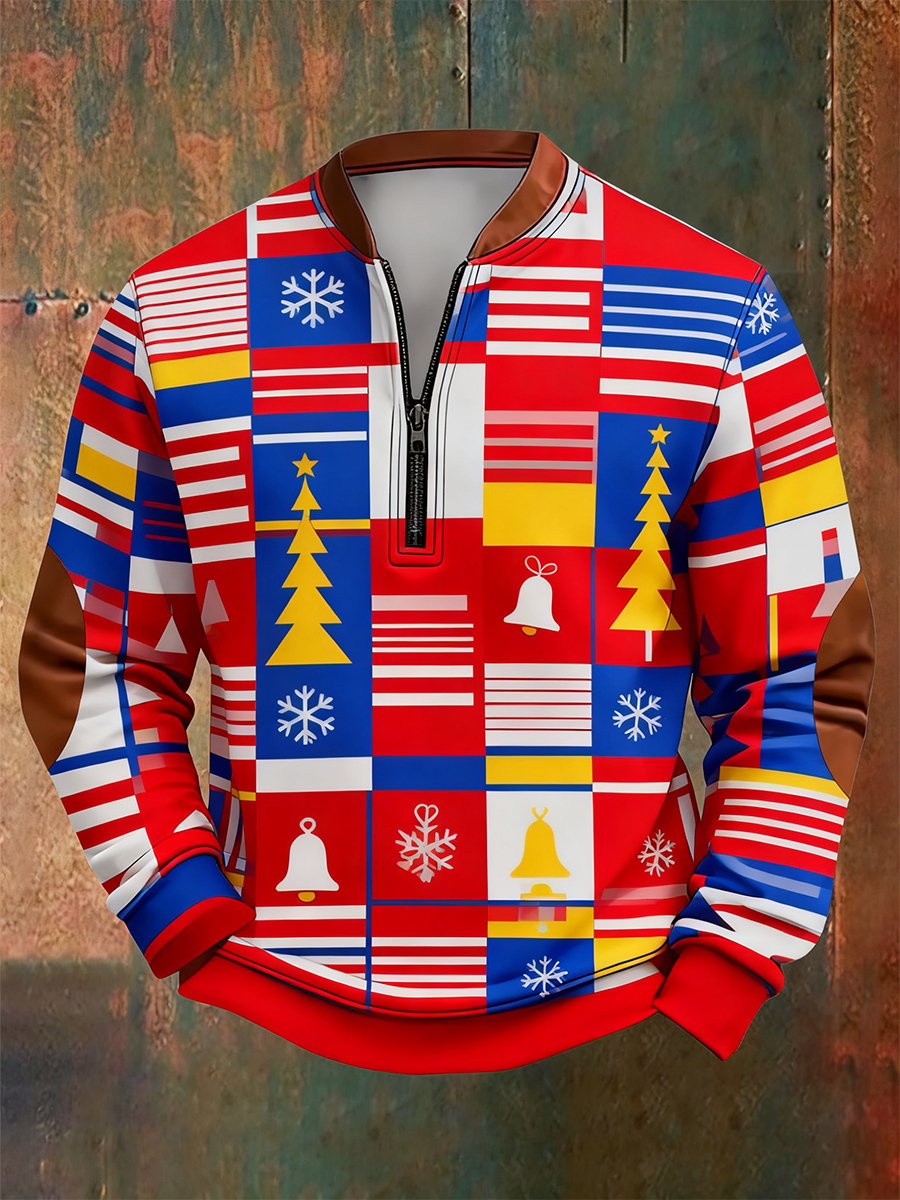 Men's Retro Christmas Bauhaus Geometric Style Print Quarter Zip Sweatshirt