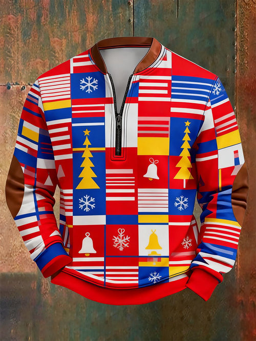 Men's Retro Christmas Bauhaus Geometric Style Print Quarter Zip Sweatshirt