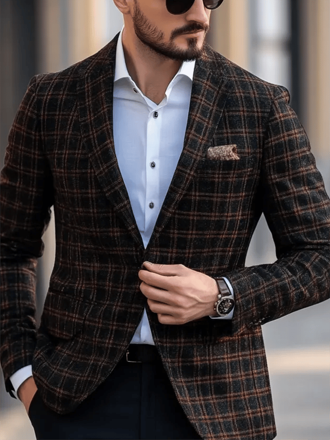 Men's Business Fashion Plaid Single Breasted Blazer