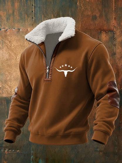 Men's Retro Western Cow Head Design Printed Plush Stand Collar Sweatshirt