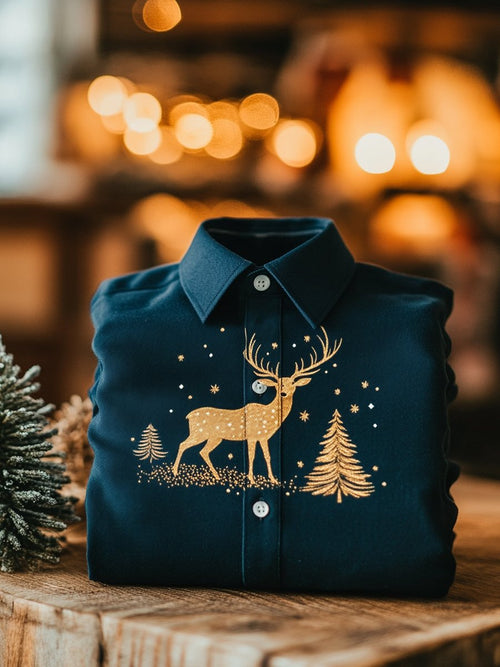 Men's Business Elk Print Christmas Long Sleeve Shirt