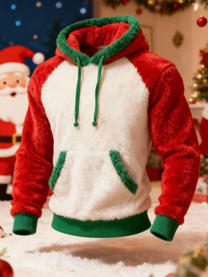 Men'S Plush Warm Color-Blocked Christmas Hooded Sweatshirt