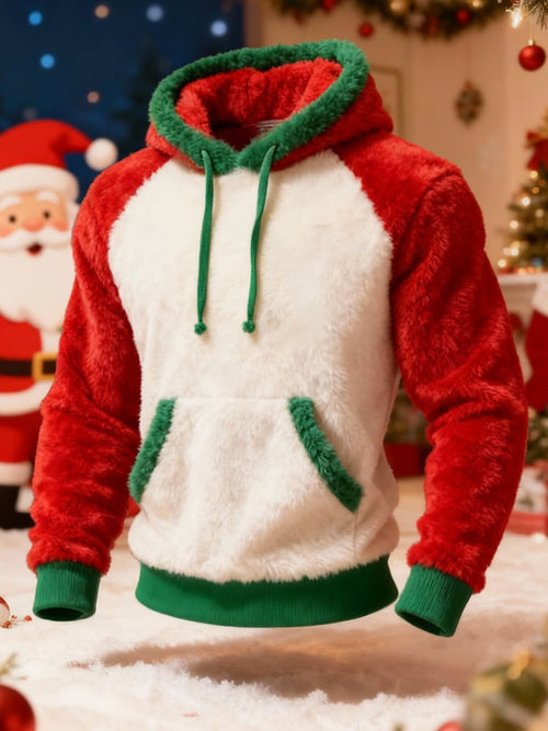 Men'S Plush Warm Color-Blocked Christmas Hooded Sweatshirt