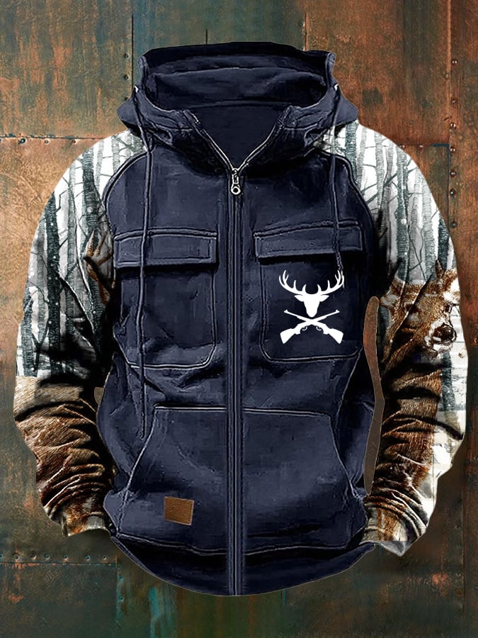 Men's Vintage Western Deer Print Multi-Pocket Jacket