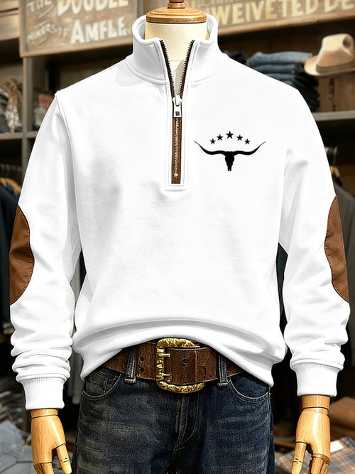 Men's Retro Western Cow Head Print Casual Zipper Sweatshirt