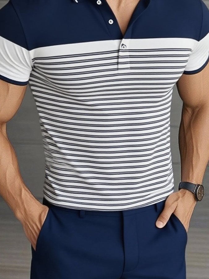 Men'S Casual Classic Striped Print Business Short-Sleeved Polo Shirt