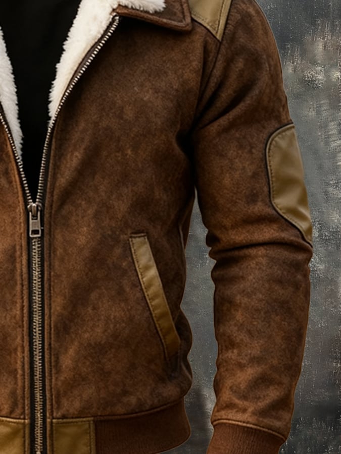 Men's Vintage Warm Suede Stitching Fur Lapel Western Jacket