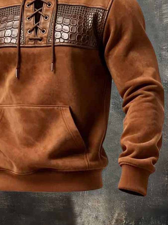 Men'S Retro Suede And Crocodile-Embossed Leather Lace-Up Collar Sweatshirt