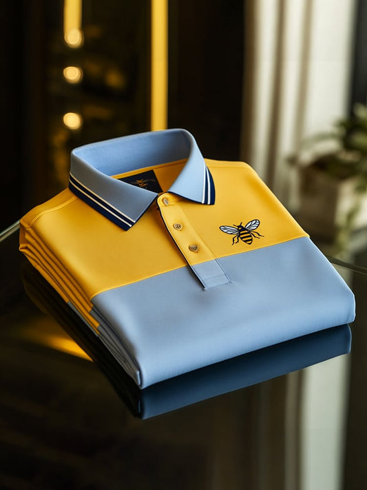 Men's Classic Business Check Logo Button Short Sleeve Polo Shirt