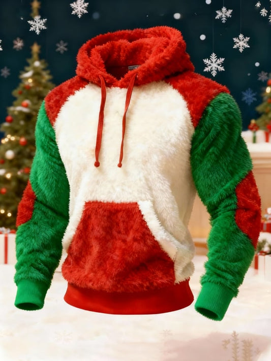 Men'S Plush Warm Color-Blocked Christmas Hooded Sweatshirt