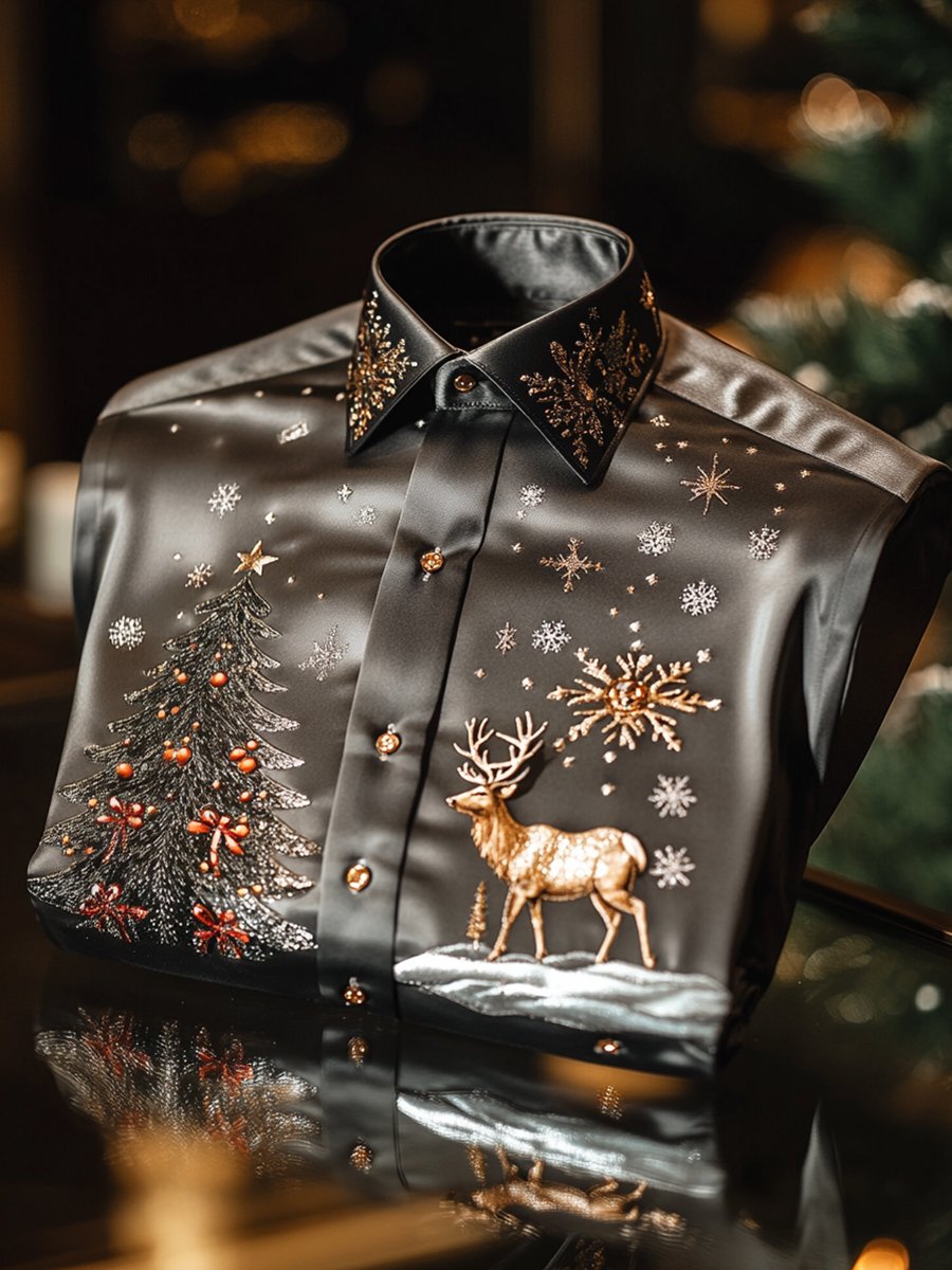 Christmas Men's Business Luxury Christmas Tree and Christmas Elk Long Sleeve Shirt