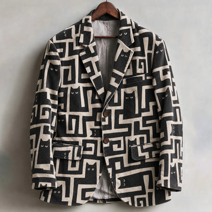 Men's Vintage Labyrinth Cat Art Print Casual Blazer