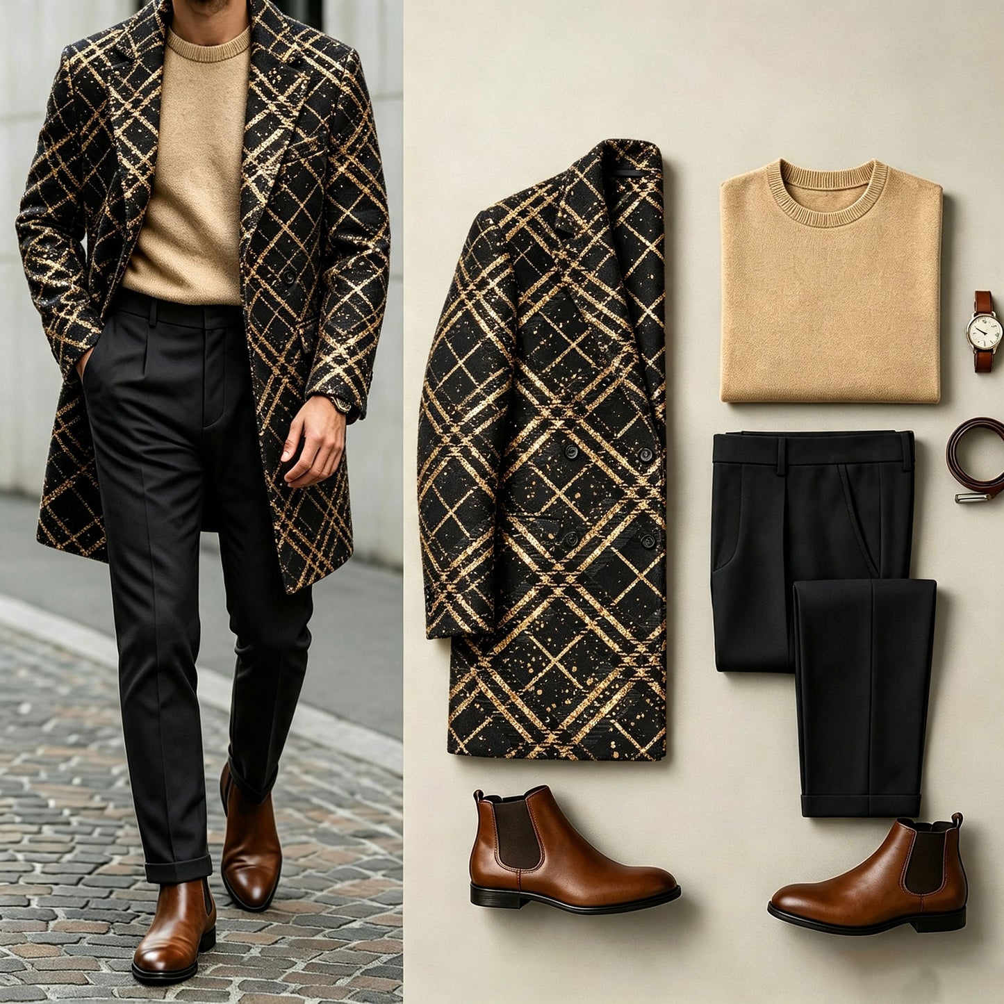 Men's Three-Piece Set: Mid-Length Wool Coat, Crew-Neck Sweater, and Flowy Dress Pants