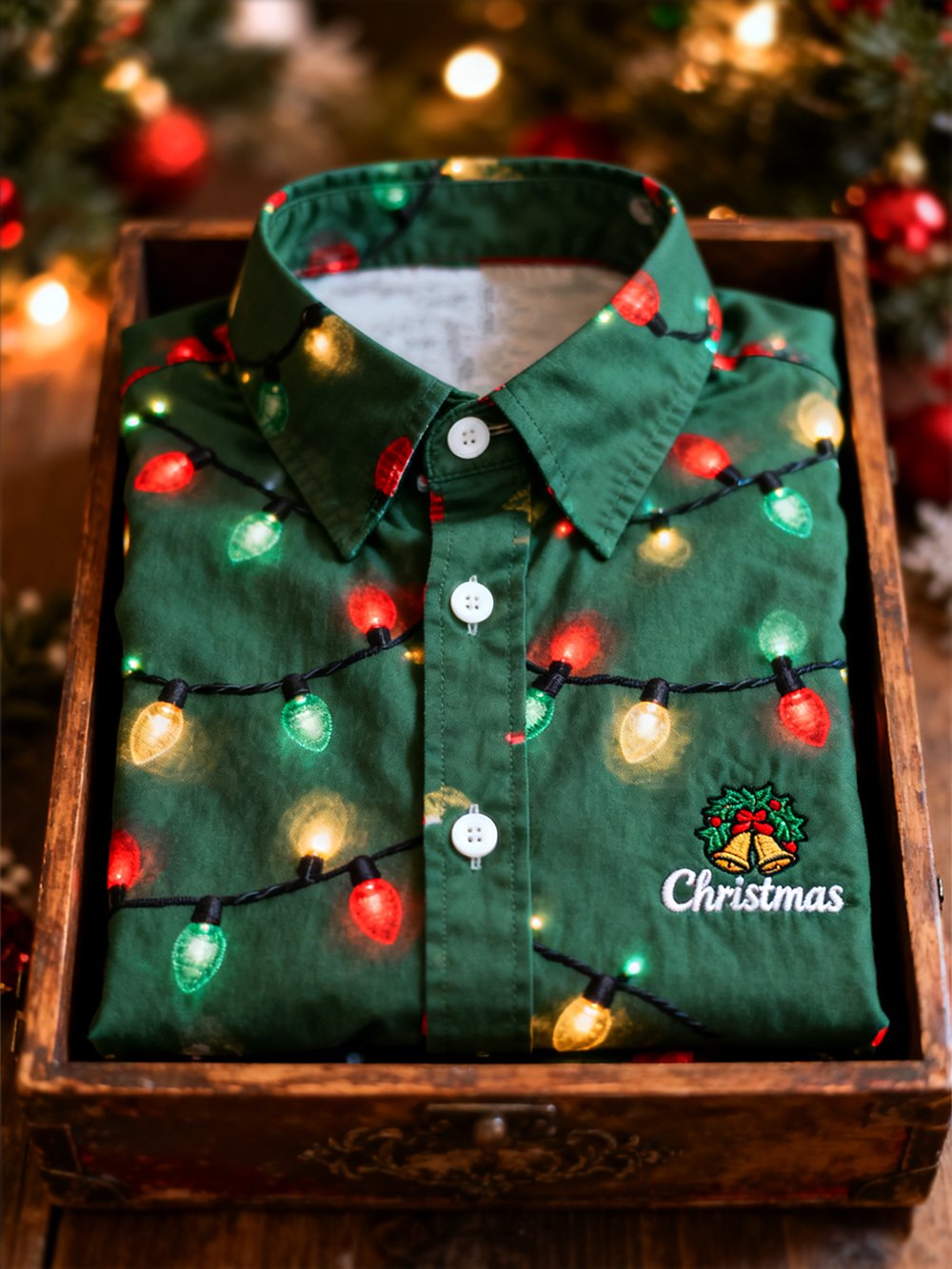 Men's Retro Christmas Lights Party Print Long-Sleeve Shirt