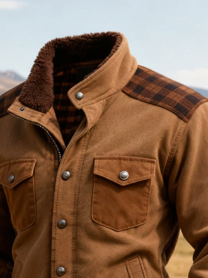 Men's Retro Checkered Fur Collar Multi-Pocket Jacket