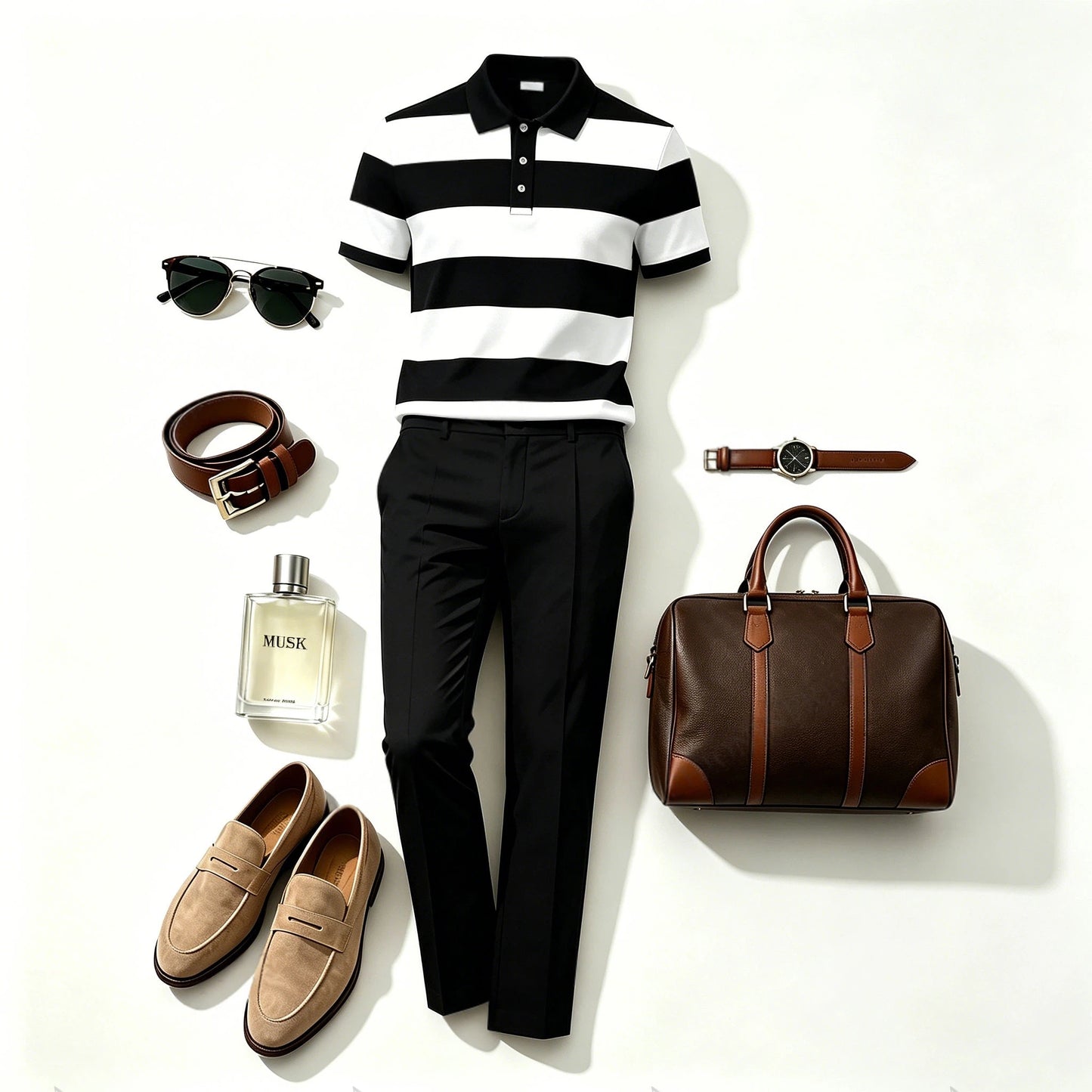 Men's Casual Black & White Geometry Printed Polo Shirt And Pants Two-Piece Set