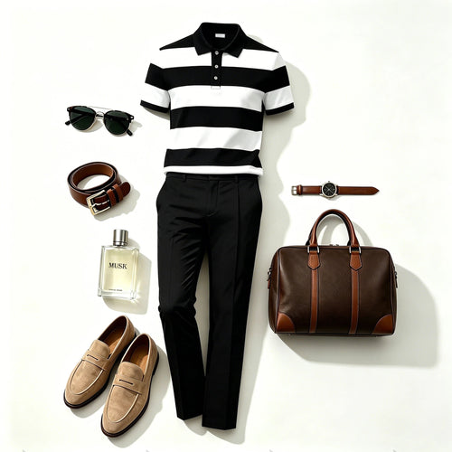 Men's Casual Black & White Geometry Printed Polo Shirt And Pants Two-Piece Set
