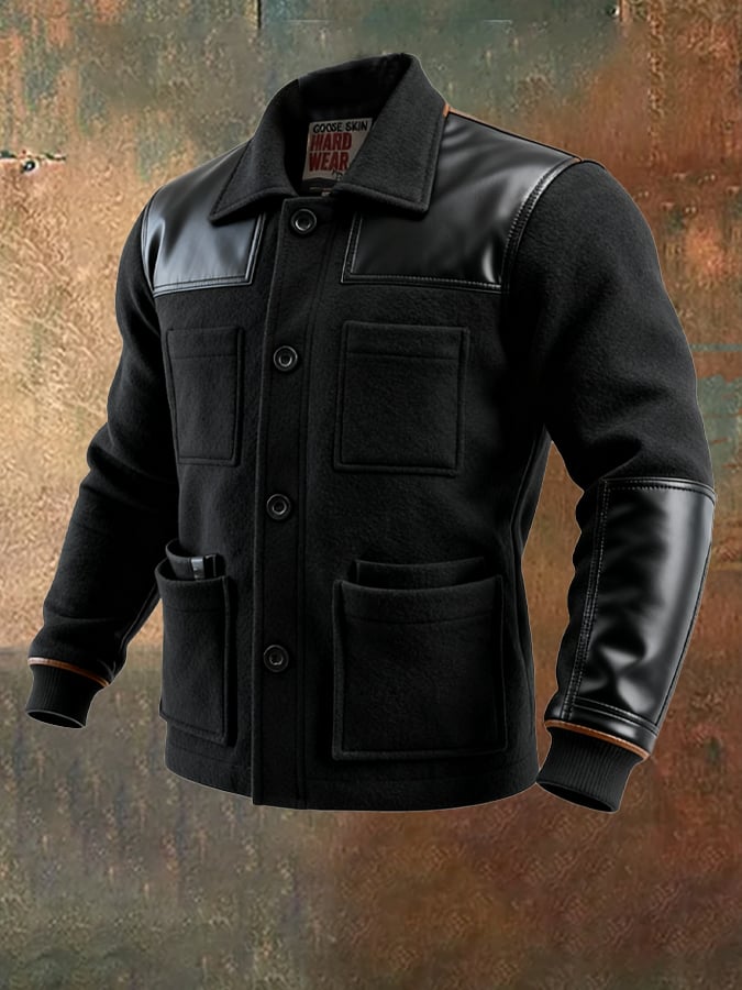 Men's Vintage Woolen Leather Patchwork Warm Multi-pocket Outdoor Jacket