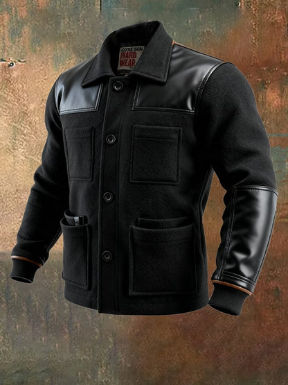 Men's Vintage Woolen Leather Patchwork Warm Multi-pocket Outdoor Jacket