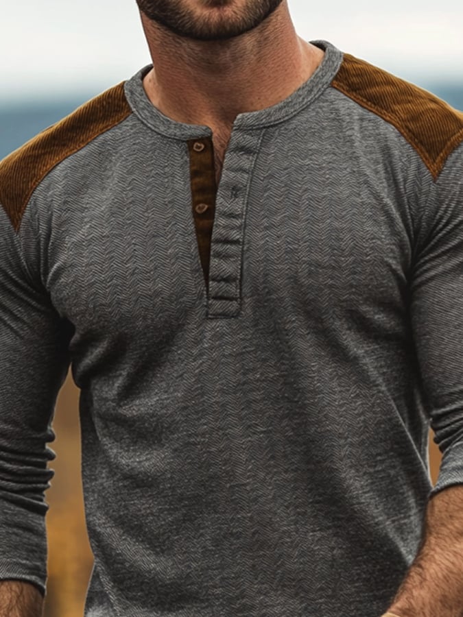 Men's Casual Retro Casual Colorblock Long Sleeve Henley Shirt