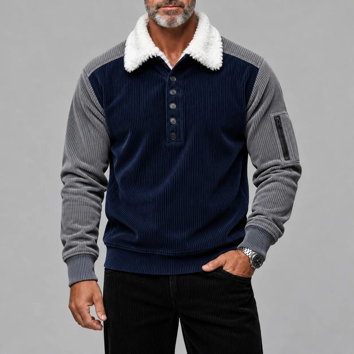 Men's Colorblock Corduroy Fluffy Collar Half Placket Long Sleeve Pullover Polo Shirt