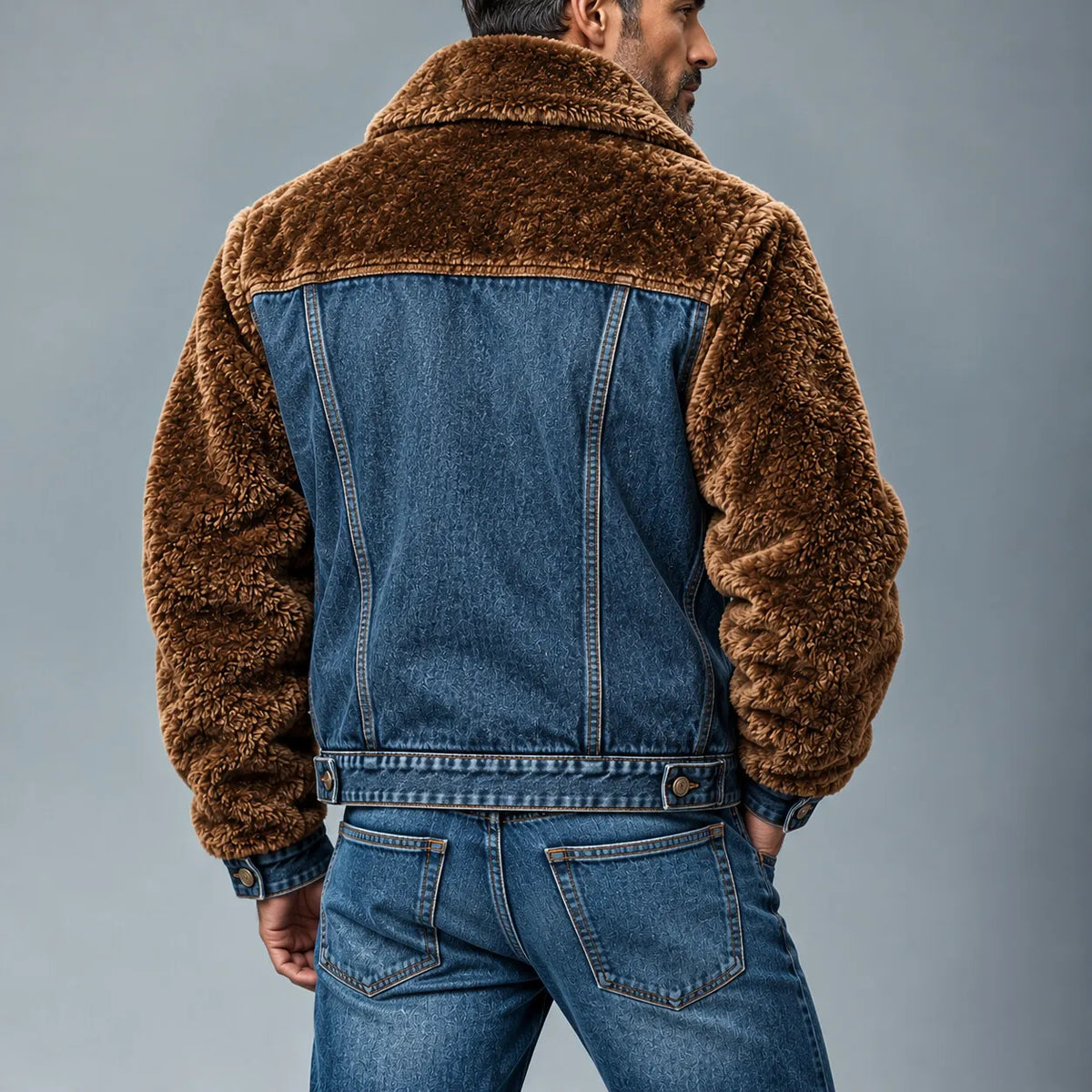 Men's Colorblock Single Breasted Multi-Pocket Denim Patchwork Fluffy Jacket