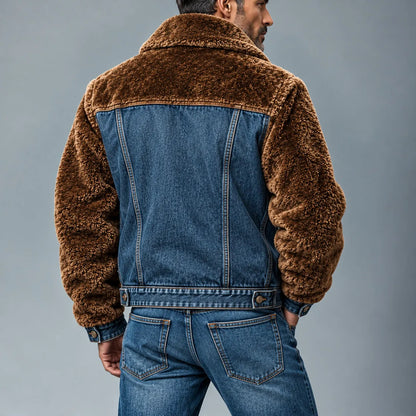 Men's Colorblock Single Breasted Multi-Pocket Denim Patchwork Fluffy Jacket