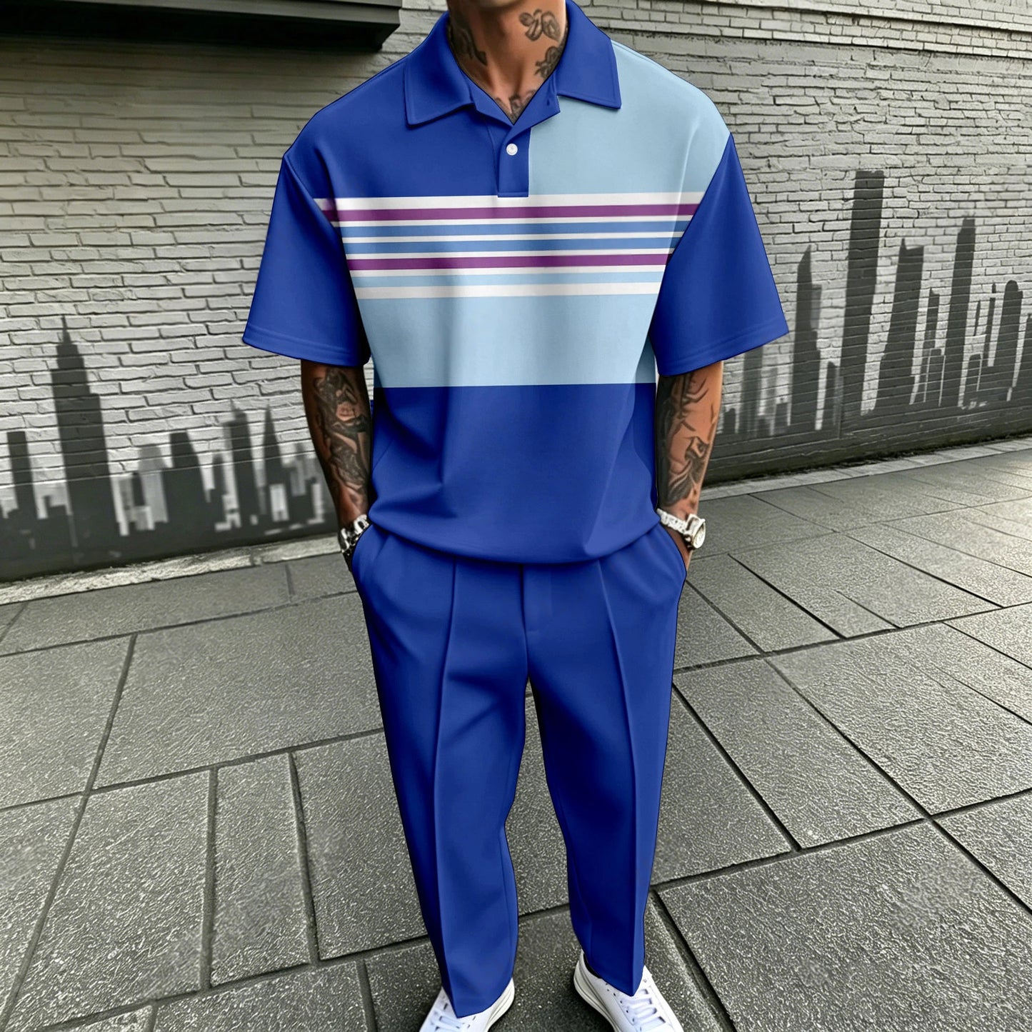 Men's Casual Dark Blue Printed Polo Shirt And Pants Two-Piece Set