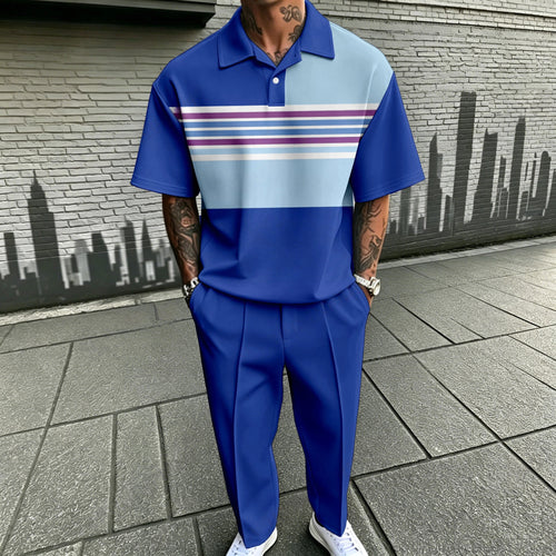 Men's Casual Dark Blue Printed Polo Shirt And Pants Two-Piece Set