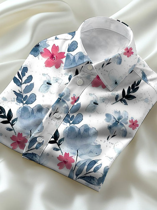 Men's Business Casual Hawaiian Watercolor Floral Lapel Short Sleeve Shirt