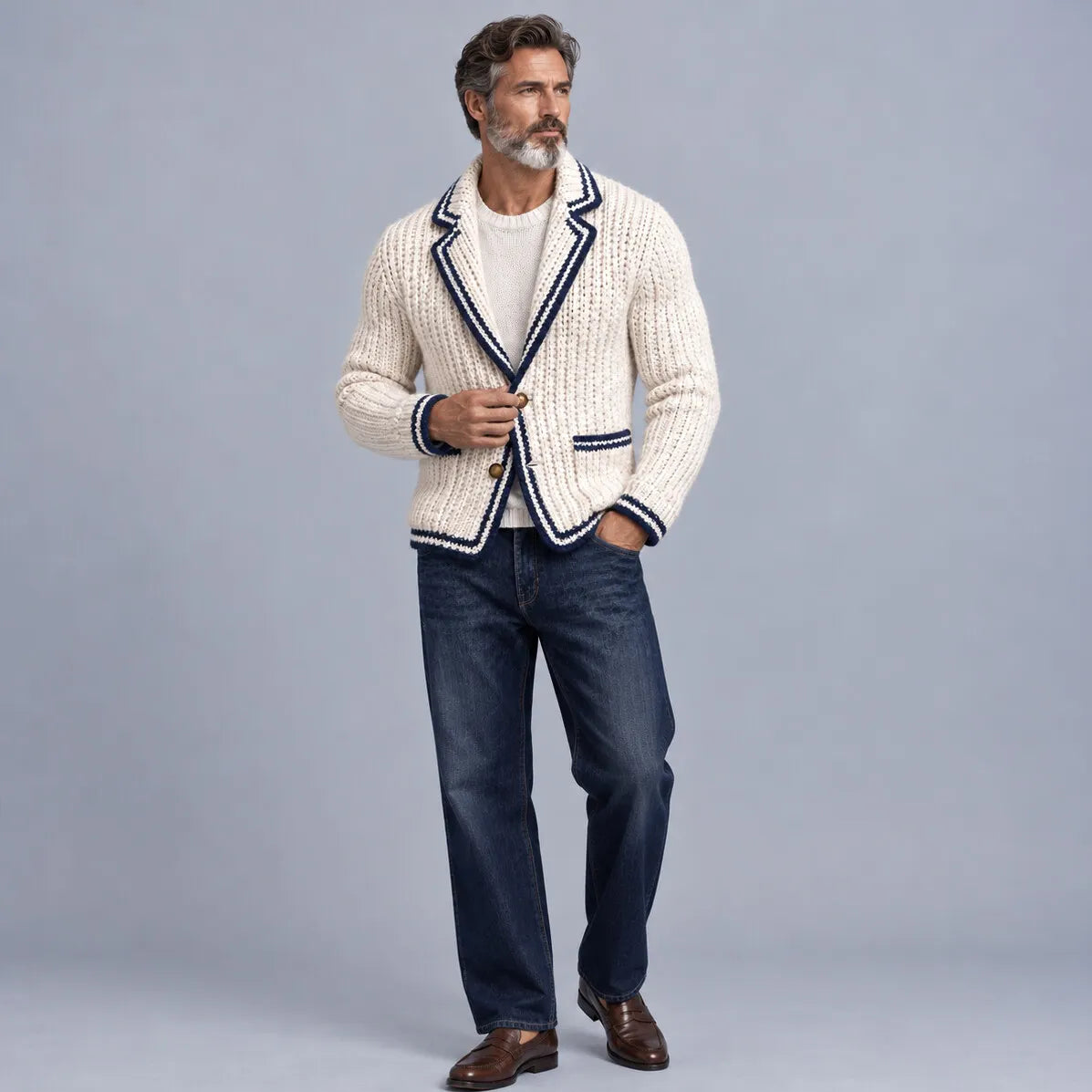 Men's Ivory Contrast Binding Notch Lapel Patch Pockets Single Breasted Chunky Knit Blazer