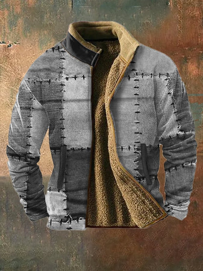 Men's vintage western hunting patchwork warm fleece jacket