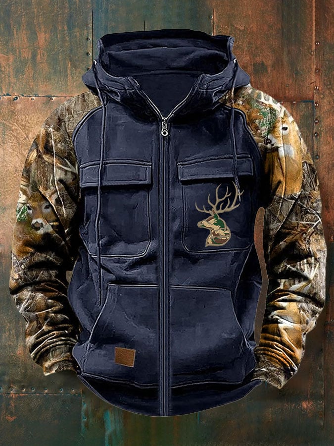 Men's Vintage Western Deer Print Multi-Pocket Jacket