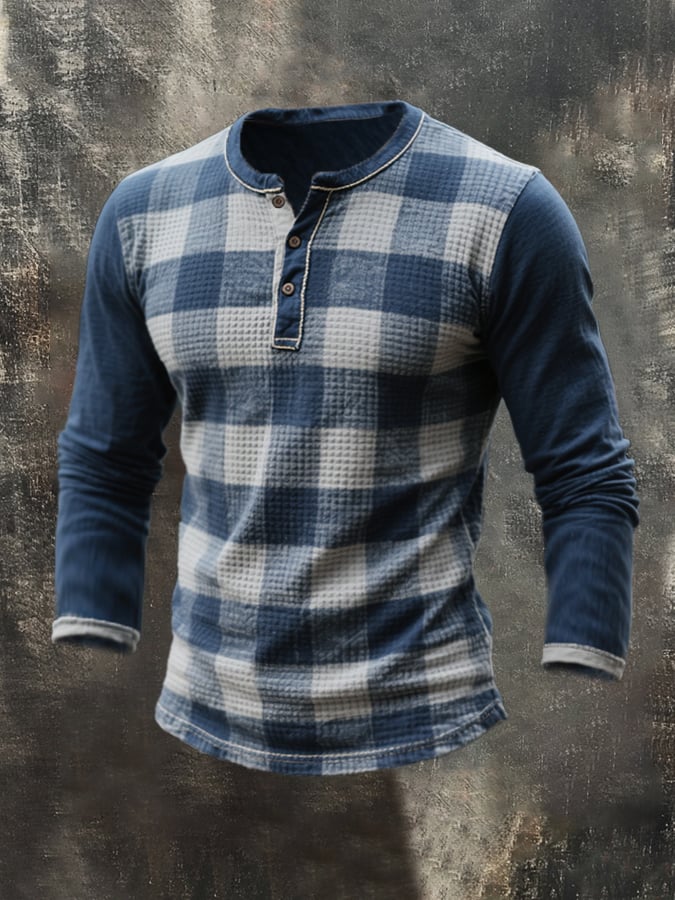 Men's Fashion Plaid Colorblock Henley Collar Long Sleeve T-Shirt