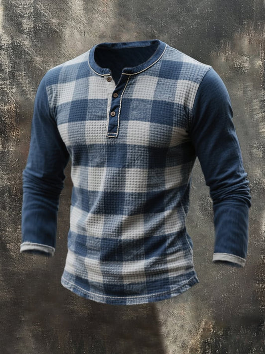 Men's Fashion Plaid Colorblock Henley Collar Long Sleeve T-Shirt
